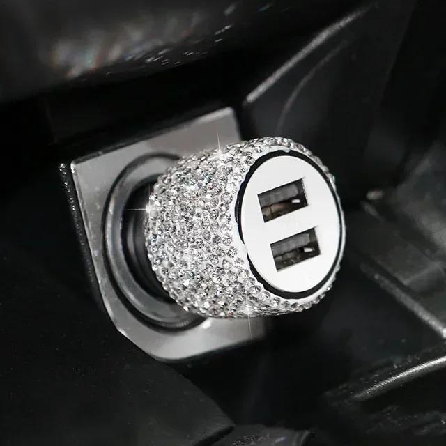 USB Car Charger Bling Bling Handmade Rhinestones Crystal Car Decorations for 3-in-1 5V 2.1A Car Decors for IPhone/Samsung