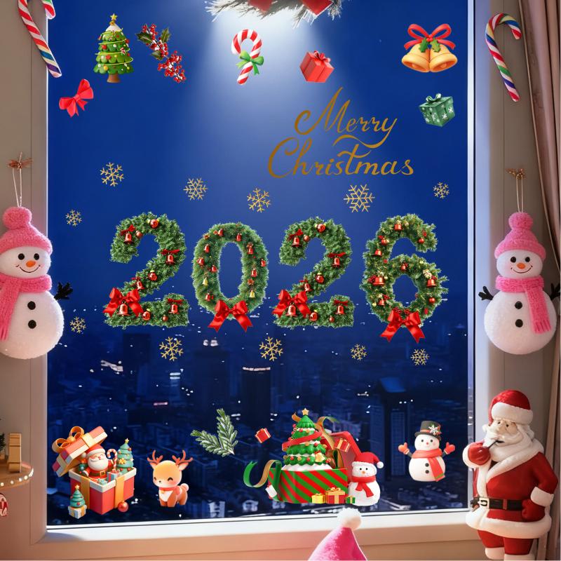 Christmas Glass Electrostatic Stickers | 2026 New Year Green Pine Needle Window Stickers Bow Party Decoration Festival Supplies