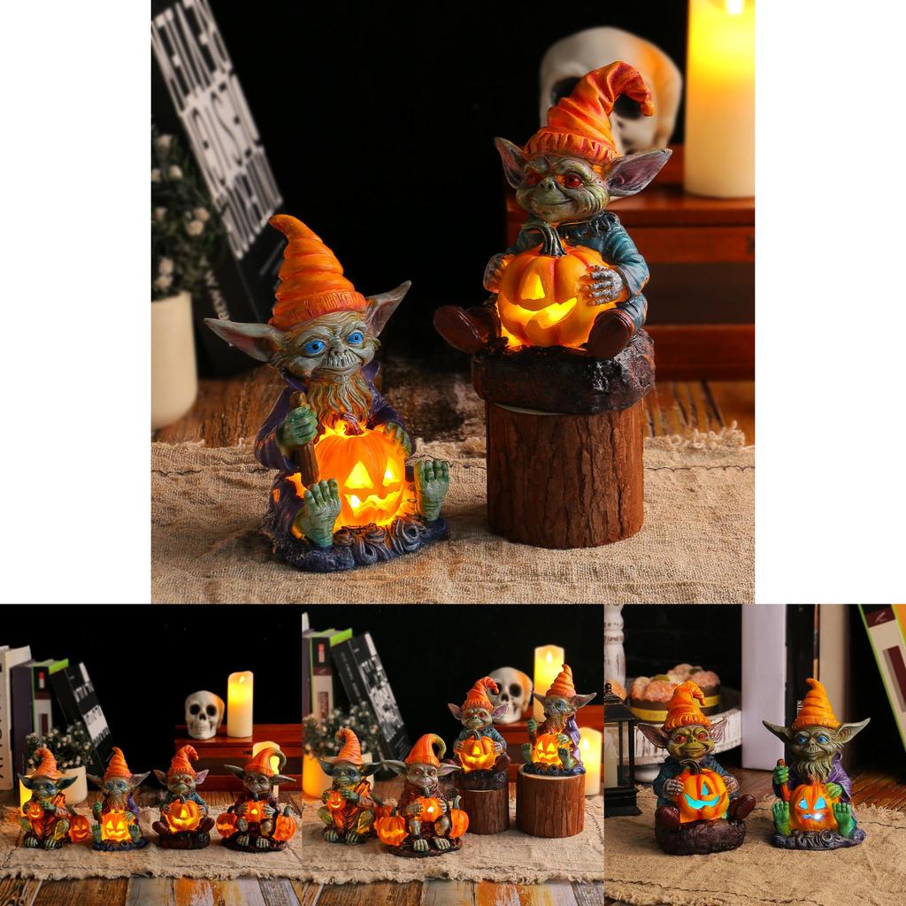 Whimsical Halloween Resin Decoration Featuring Glowing Goblin Pumpkin Lanterns For Festive Displays