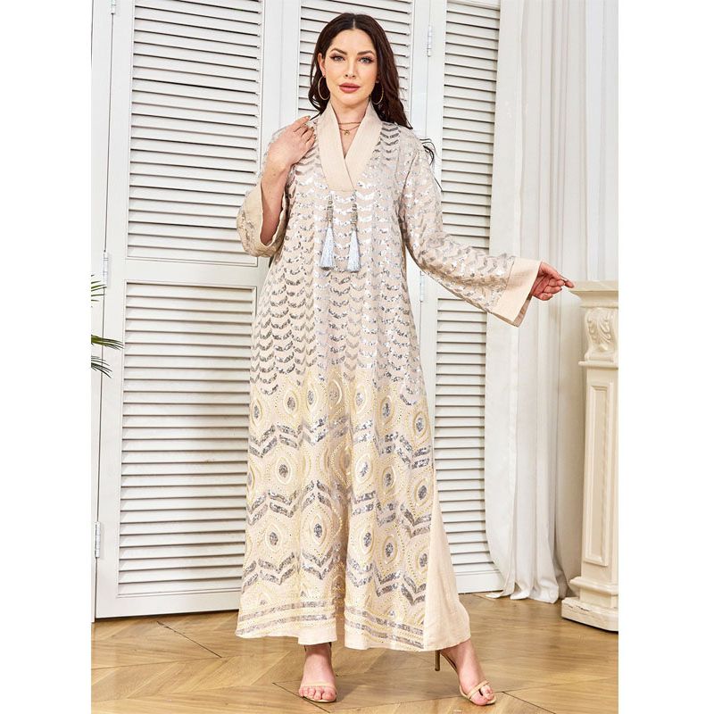 Middle East Robe Women's Long Dress New Sequin Full Embroidered Neckline Tassel Decoration Formal Dress Dubai Dress Dresses