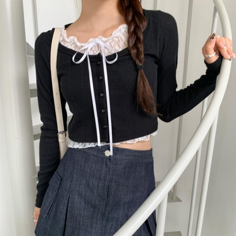 New ArrivalS Open Run Women S Lace Ribbon Decoration Layered Ribbed Crop Cardiga
