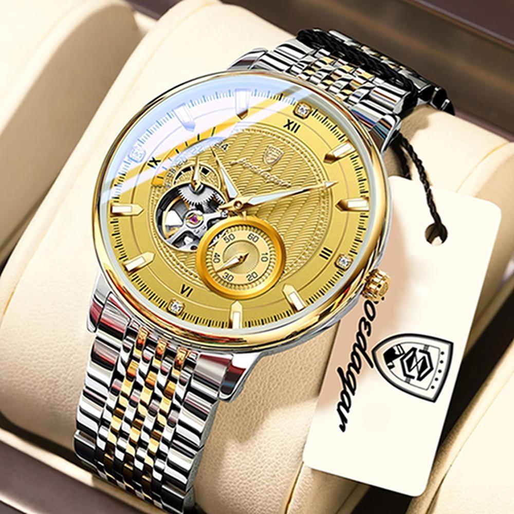 POEDAGAR Moda İş Erkek Saati Su Geçirmez Aydınlık Oyuklu Tourbillon Erkek Saat Otomatik Mekanik Saatler