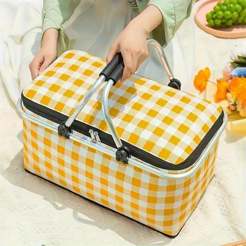 Outdoor Picnic Basket Large Capacity Foldable with Aluminum Foil and Metal Frame Essential Thermal Insulation Camping Lunch Bag