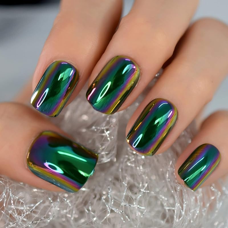 

Press on Nails,Ashy Blue False Nails,Beauty Metallic Mirror Nails Manicure Kits,Reusable UV Gel Fake Finger Nail Art Women Girls Gifts for Daily зелений