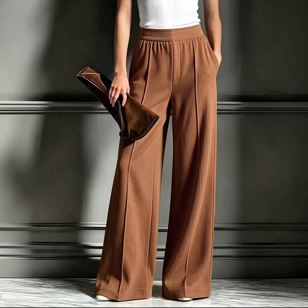 Lässige Damen-Hose mit weitem Bein und Taschen, Gerippte Strickhose in Farbe für Alltagsoutfits