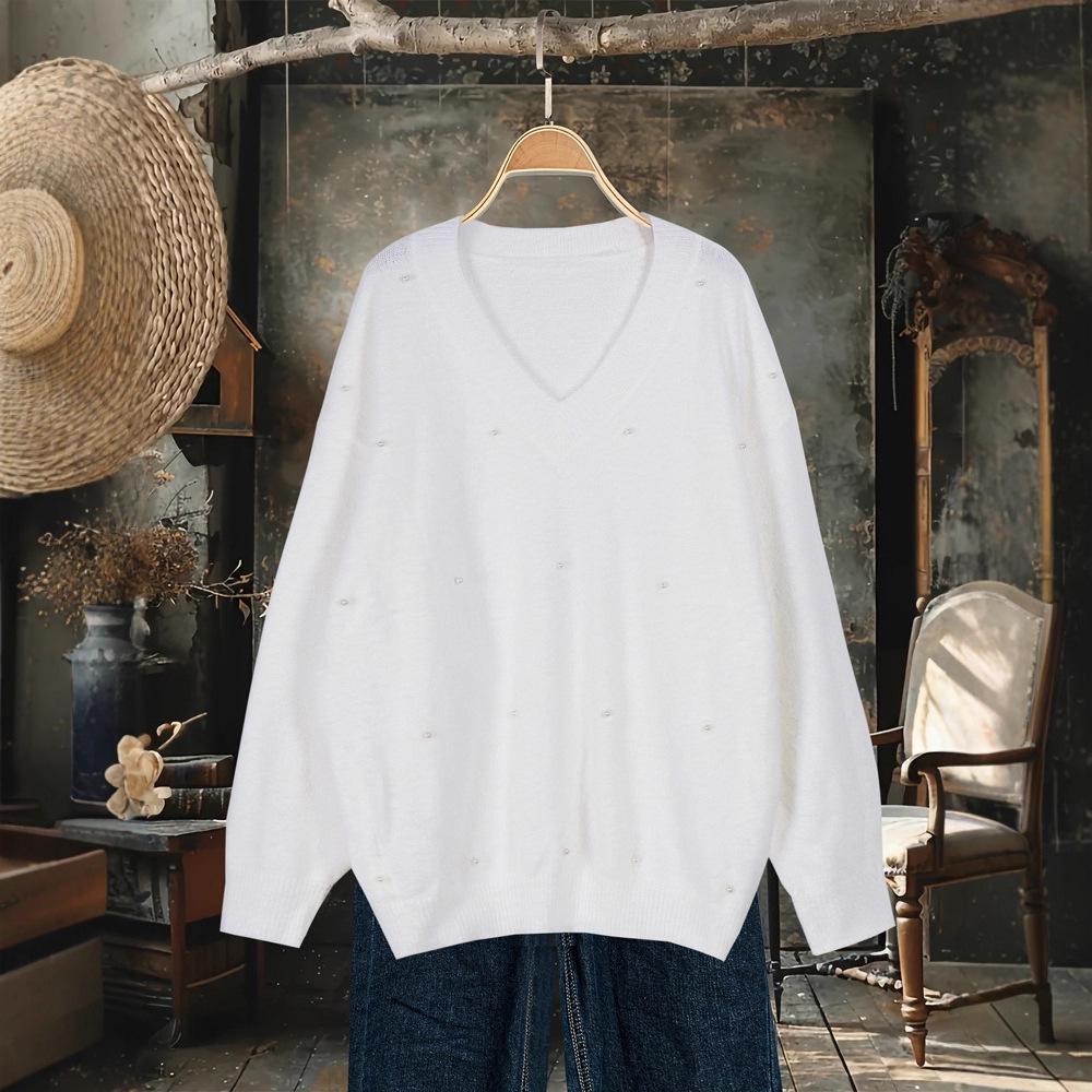 2025 A/W V-Neck Beaded Solid Color Sweater for Women