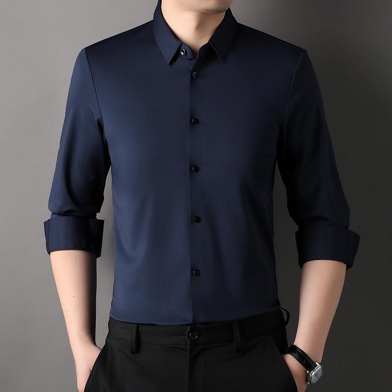 

New Men s Iron-Free Stretch Long Sleeve Shirt: Casual Business Spring Top for Dad in Plus Size XXXL темно-синий