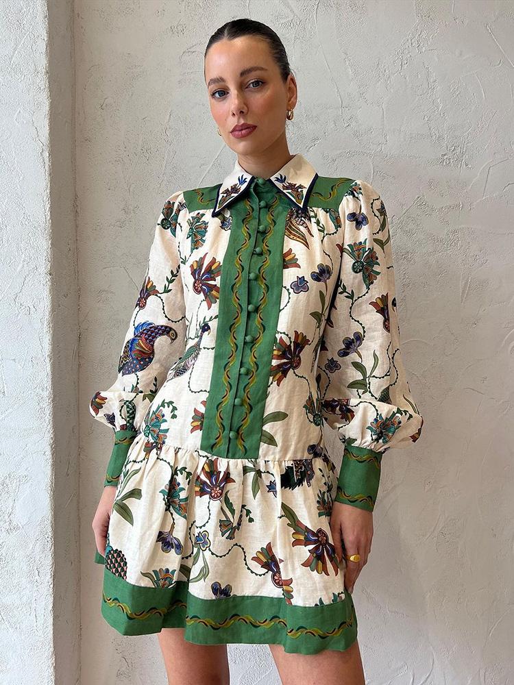 

Новое платье с лацканами с принтом, повседневное мини-плиссированное платье с цветочным принтом павлина, женское платье с длинным рукавом-фонариком, модные праздничные платья, летний свободный халат XL бежевый