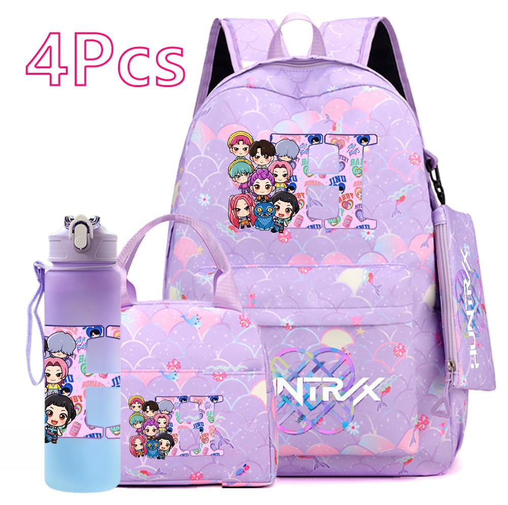 4Pcs/set 26 English Letter KPOP Printed Backpack with Handbag Pencil Case 750Ml Water Bottler for Teenager Boy Girl Large Capacity Bookbag Schoolbag