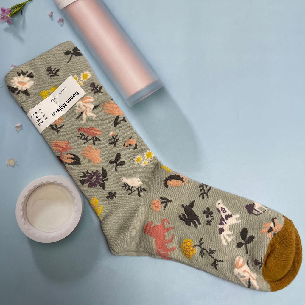 Bonne Maison: Retro-Ölgemälde-Socken für Damen, mittelhoch, luxuriös, französisch, bis zur Wade