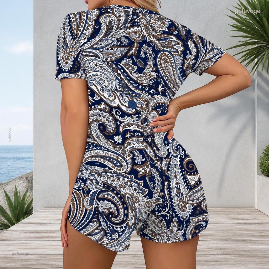 Women Plus Size Paisley Floral Printed V Neck Short Sleeve Button Front Fitted Short Romper