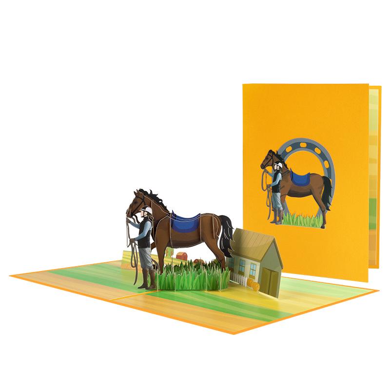 Creative Animal Sports 3D Pop-up Greeting Card: Equestrian Competition Theme