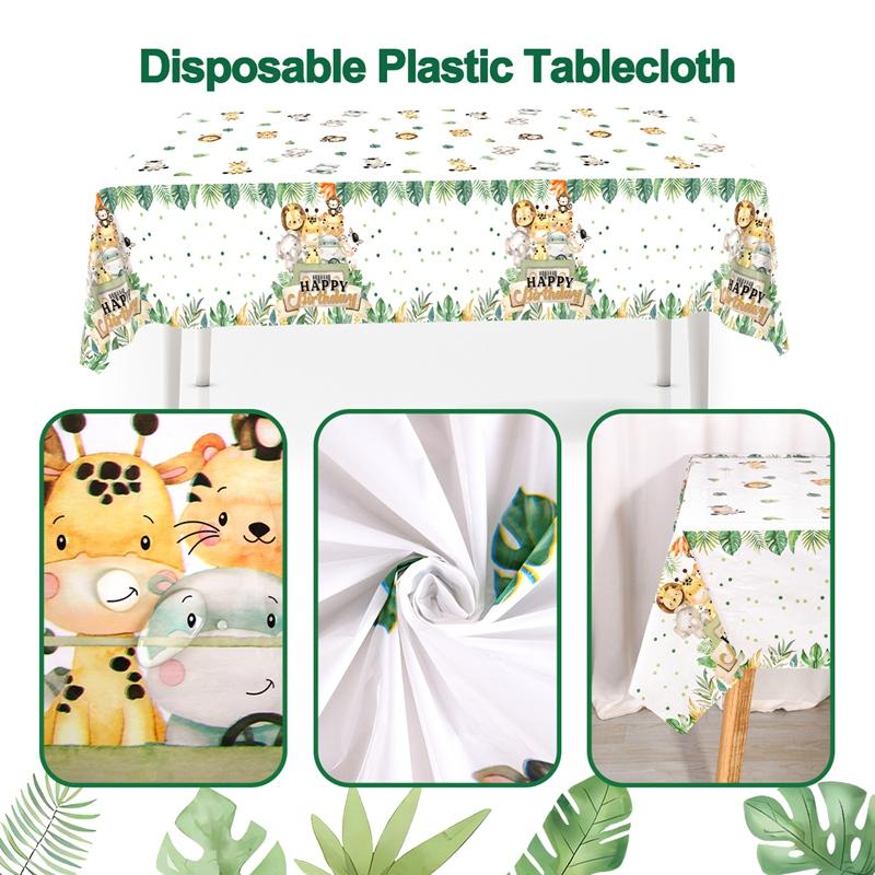 1pc Jungle Animal Plastic Tablecloth Palm Leaves Backdrop Jungle Safari Wild One Kids Birthday Party Decoration Table Cover