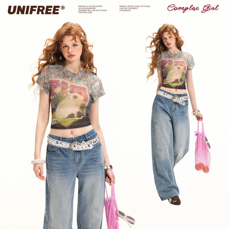 UNIFREE Cat Print Slim Fit Round Neck T-Shirt S