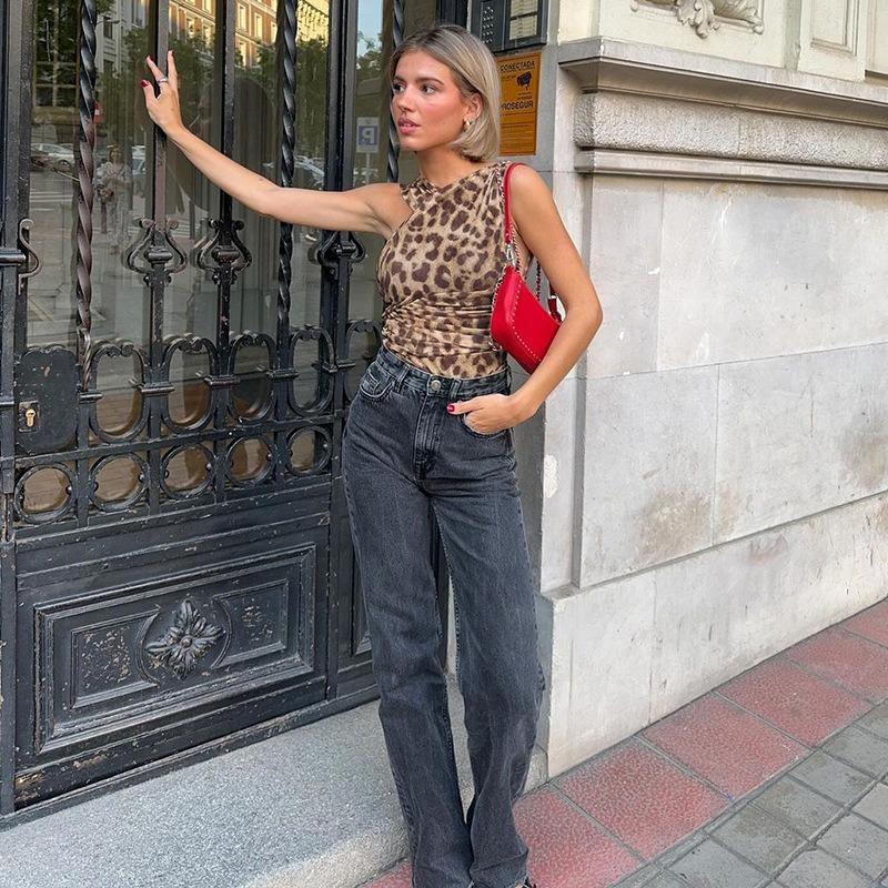 Leopard Print Asymmetrical Slim Fit Pleated Mesh Jumpsuits Women Sexy Rompers Street Fashion Sleeveless Women Bodysuits Casual Elegant Jumpsuit 26143