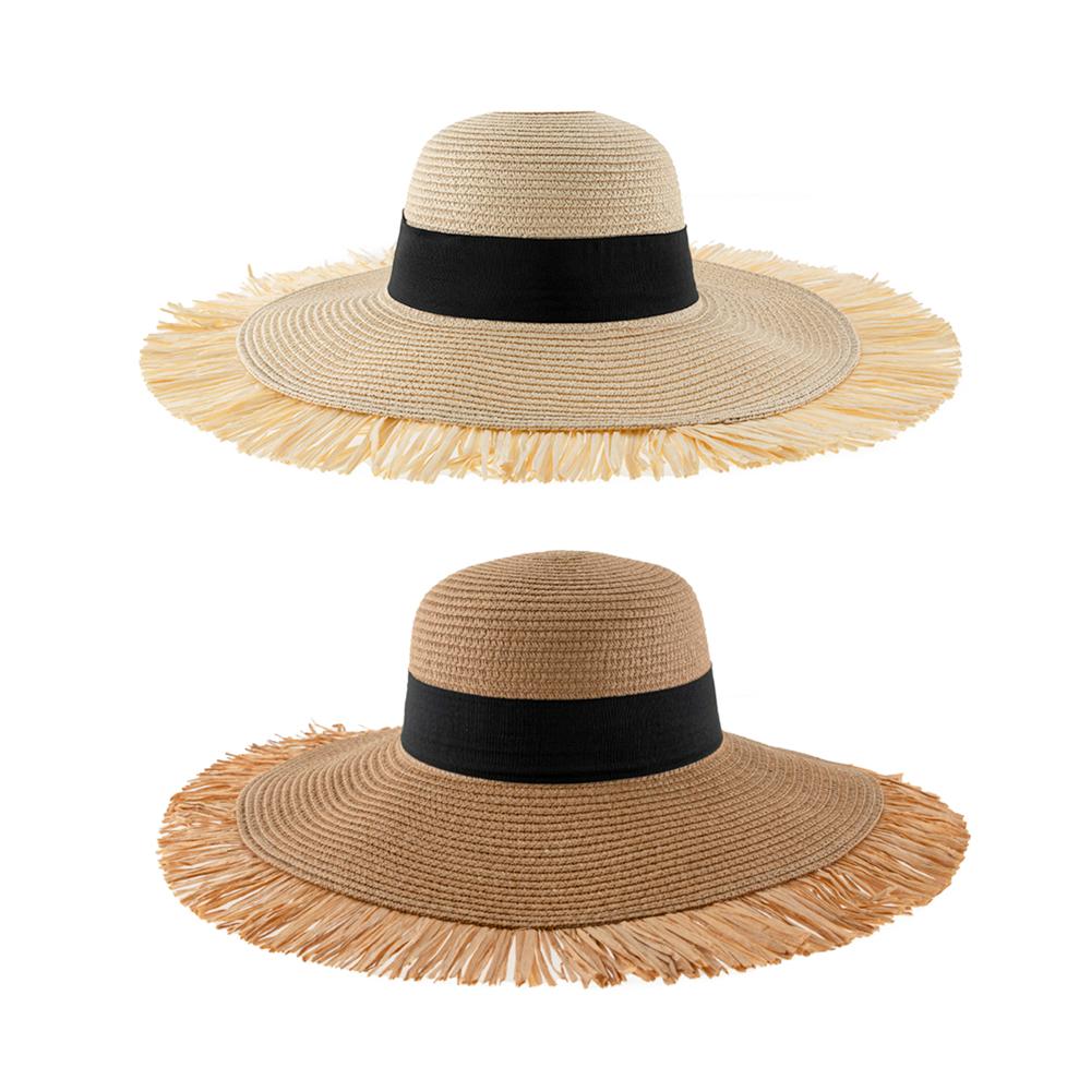 Summer Foldable Portable Sun Hat For Women Elegant 15cm Diameter Large Wide Brim Straw Hat Ruffia Edge Gorras Beach Cap