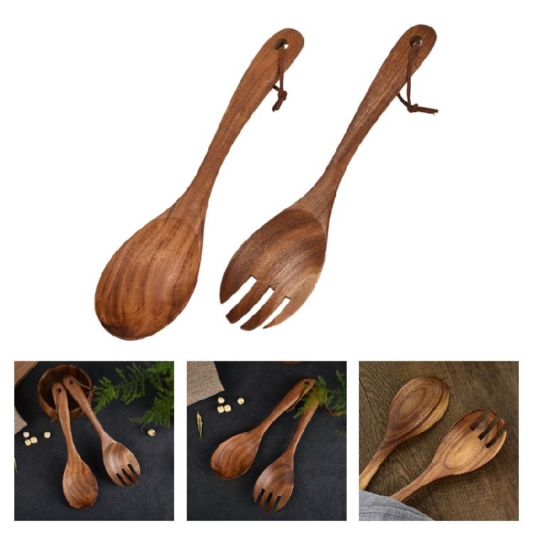Heatproof Wooden Spoon And Fork Pair Nonslip Grip Utensils Cutlery Collection For Healthy Meal Preparation