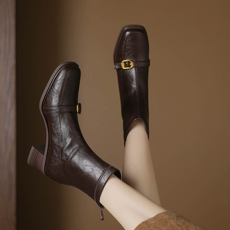 Krazing Pot Microfiber Square Toe Thick Heels Chelsea Boots Size 42 Zip Women Metal Buckle Elastic Ankle Boots