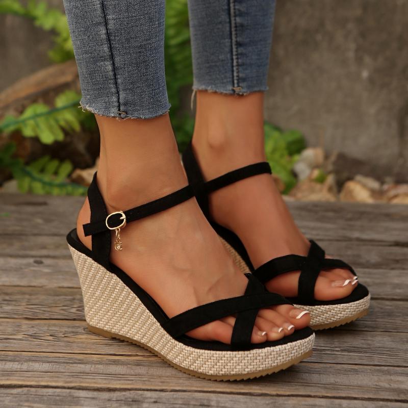 Vintage Brown Suede Cross Strap Wedge Heel Sandals Women Summer Round Toe High Heel Ankle Strap Sandals Bohemia Soft Sole Shoes