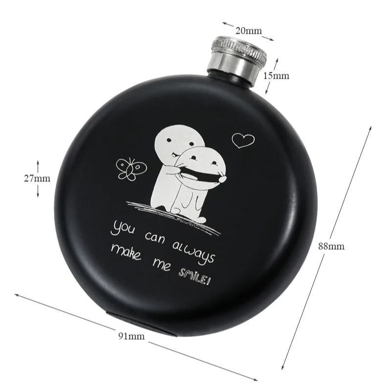 Black Stainless Steel Hip Flask Portable 5oz Round Wine Pot Laser Print Business Gift