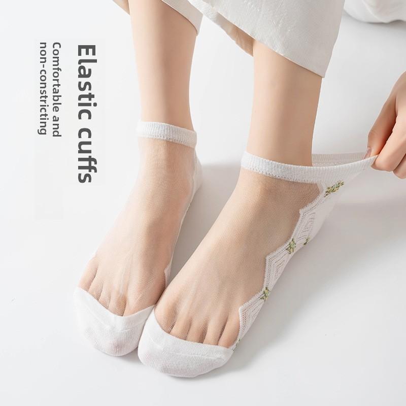 5 Pairs Socks Crystal Stockings Women's Summer Flower Crystal Socks Wicking Sweat Breathable Glass Socks