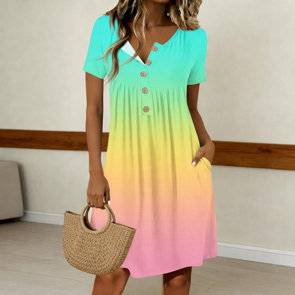Women's Fashion Gradient Color Printed Round Neck Short Sleeve Button Neck  Casual Dress