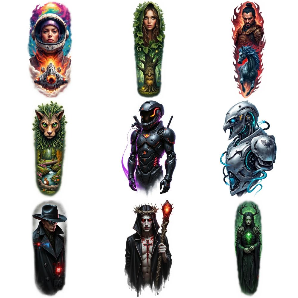 9pcs Temporary Tattoo Waterproof Long-lasting Body Stickers Space Explorer Warrior With Staff Hooded Figure For Arms Male