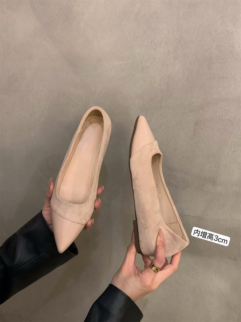 Inner Height Increase Pointed French Small Fragrant Single Shoes Women's Shoes 2025 Spring and Summer Suede Splicing with Skirt Evening Shoes