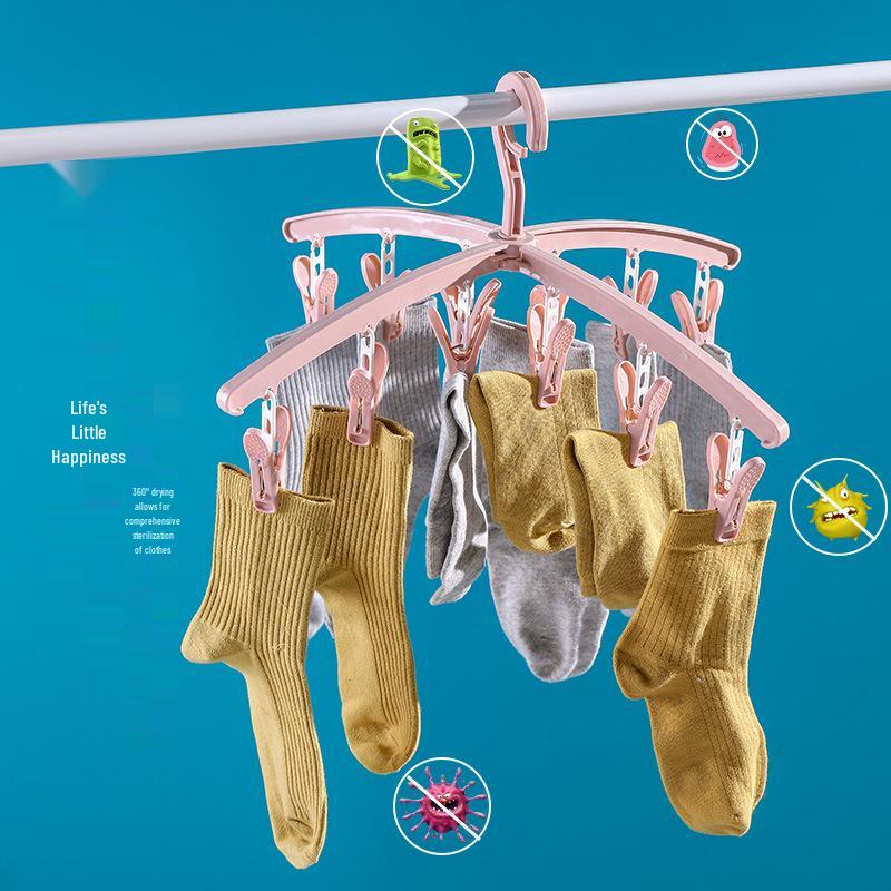 Rotating Multifunctional Clothes Drying Rack with 12 Clips for Socks, Underwear, and Pants