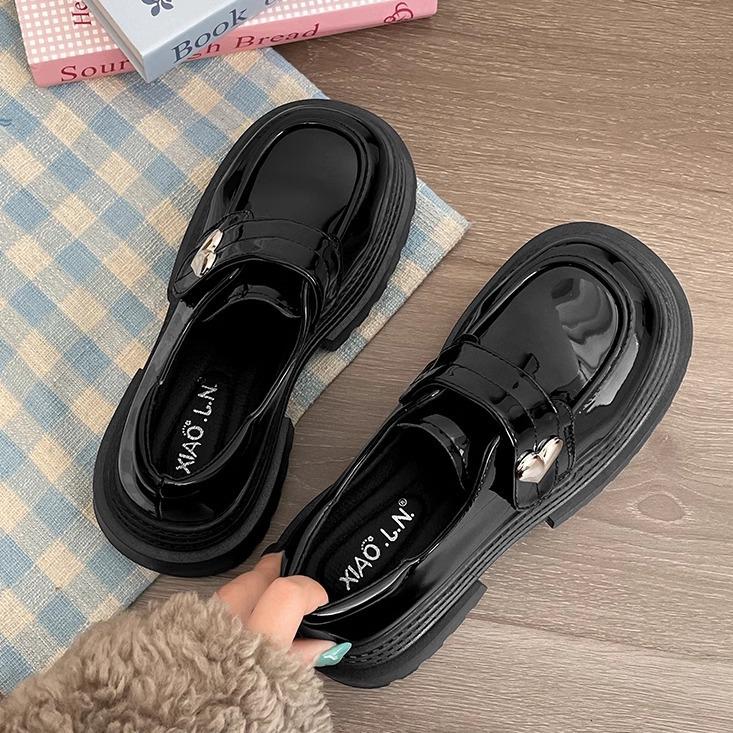 

Французские черные туфли на высокой платформе из кожи женские, новинка 2025 года, универсальная юбка, туфли-лоферы в британском стиле 39