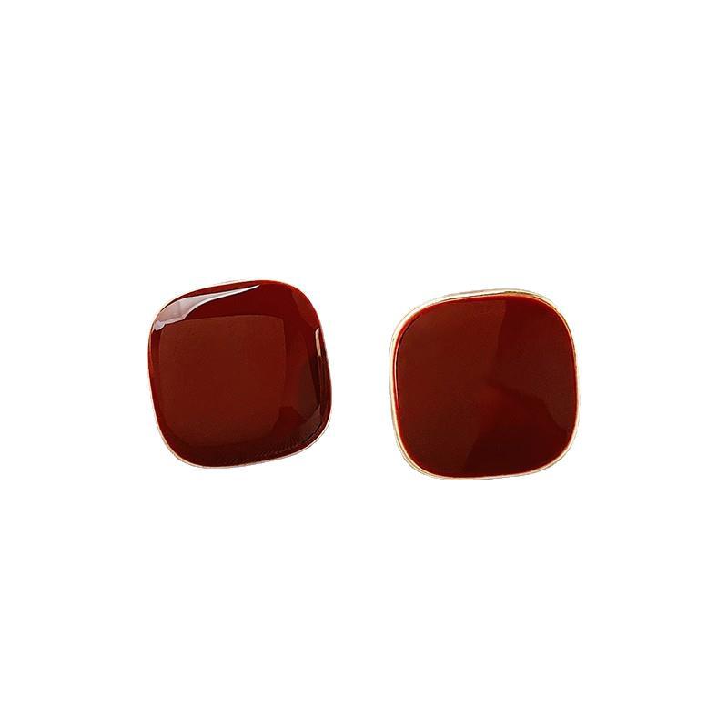Burgundy Square Earrings New Trendy Geometric Earrings Niche Design Fashionable and Versatile Earrings