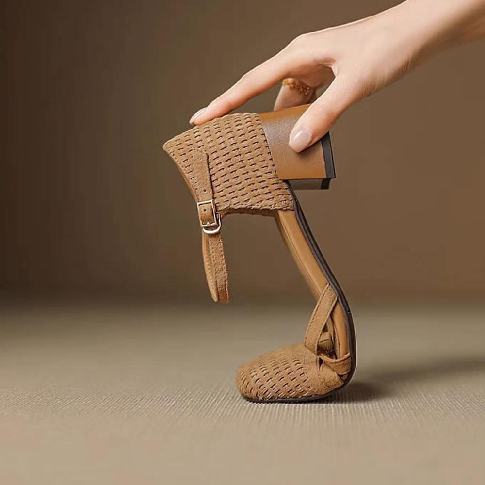 

Ретро плетение босоножки на высоком каблуке женские 2025 лето квадратный носок ремешок на щиколотке пляжная обувь римские закрытый носок квадратный каблук повседневная обувь 40 коричневый