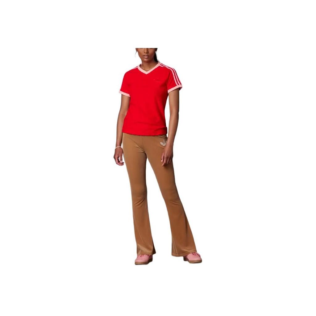 Adidas Originals Clover Logo Print V-Neck Pullover Short Sleeve T-Shirt Women Tops Red IB2057