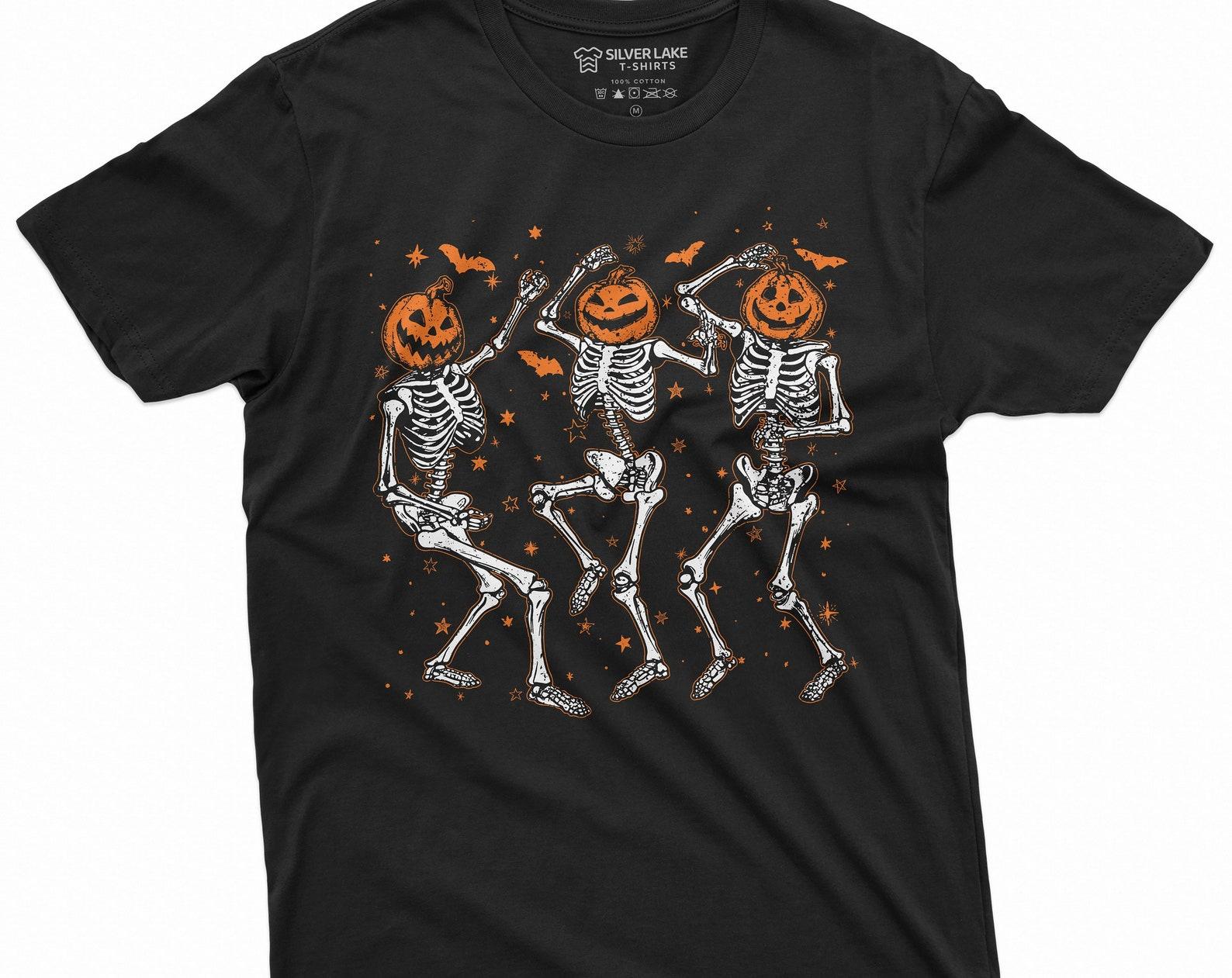 Halloween funny dancing skeletons T-shirt pumpkin head skeleton funny costume Halloween party Tee shirt XL