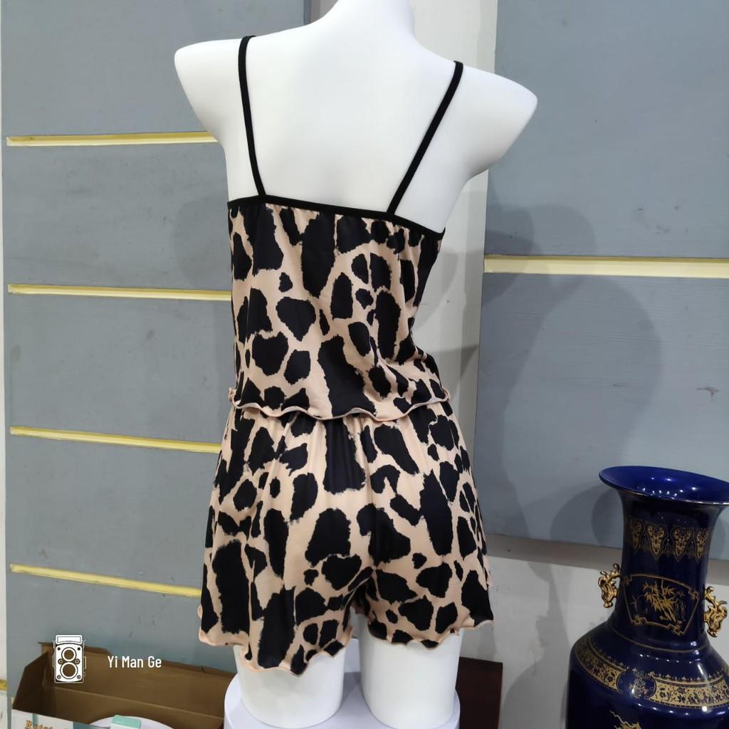 European & American Leopard Print Spaghetti Strap Pajama Set for Women - Lightweight & Sexy, Wearable Outdoors with Shorts.
