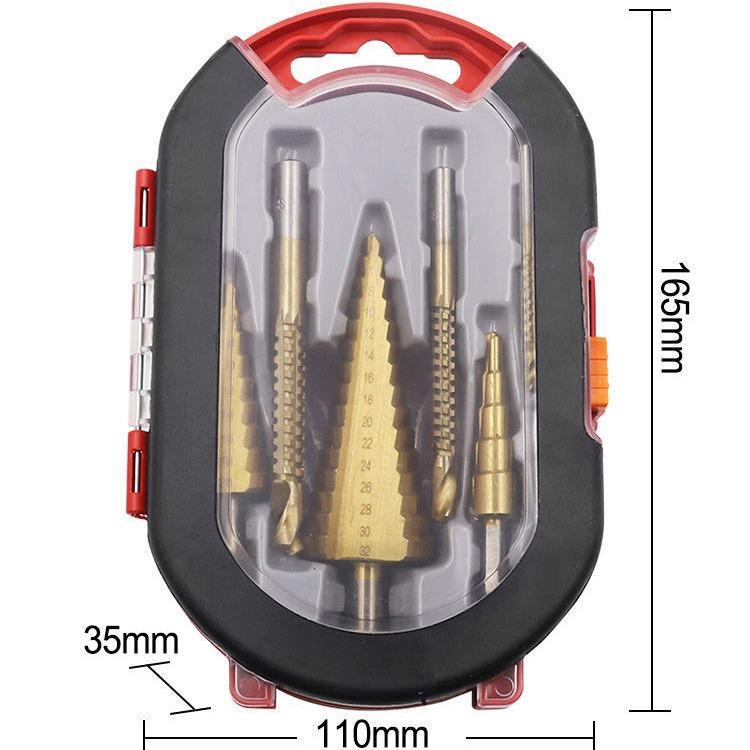 6-Piece Serrated High-Speed Steel Pagoda Drill Bit Set In Plastic Box – Ideal for Hole Opening, Expansion, and Step Drilling.