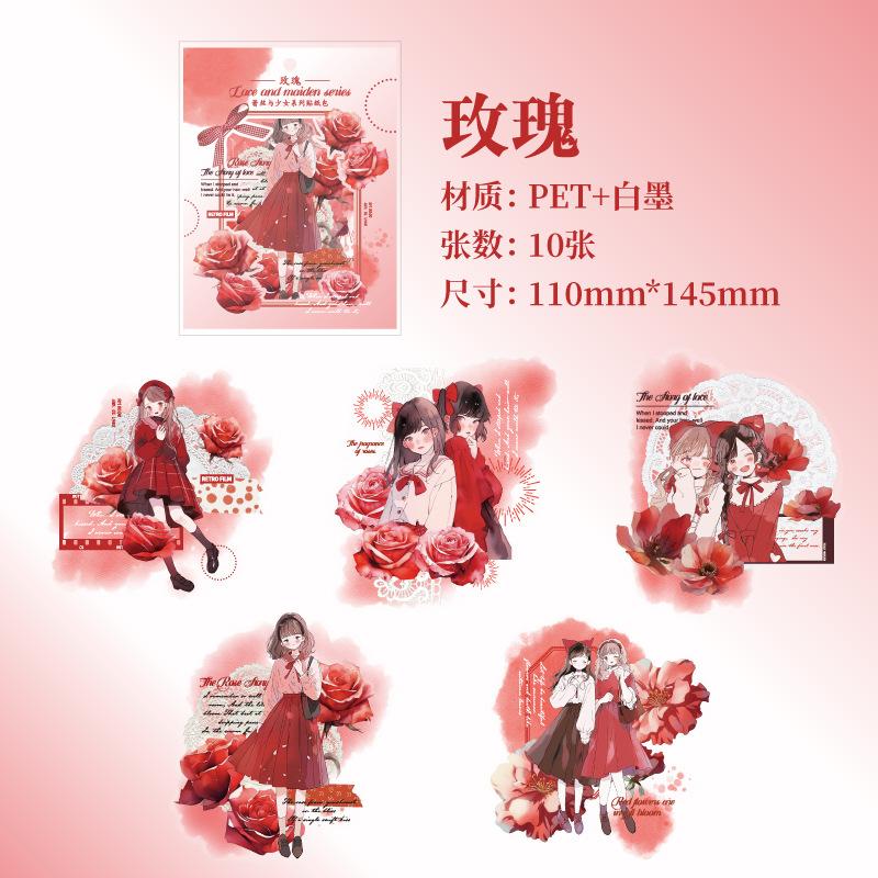 10Pcs Cartoon Girl And Flower Theme Stickers Sweet Fresh Style Journal DIY Collage Decor Supplies