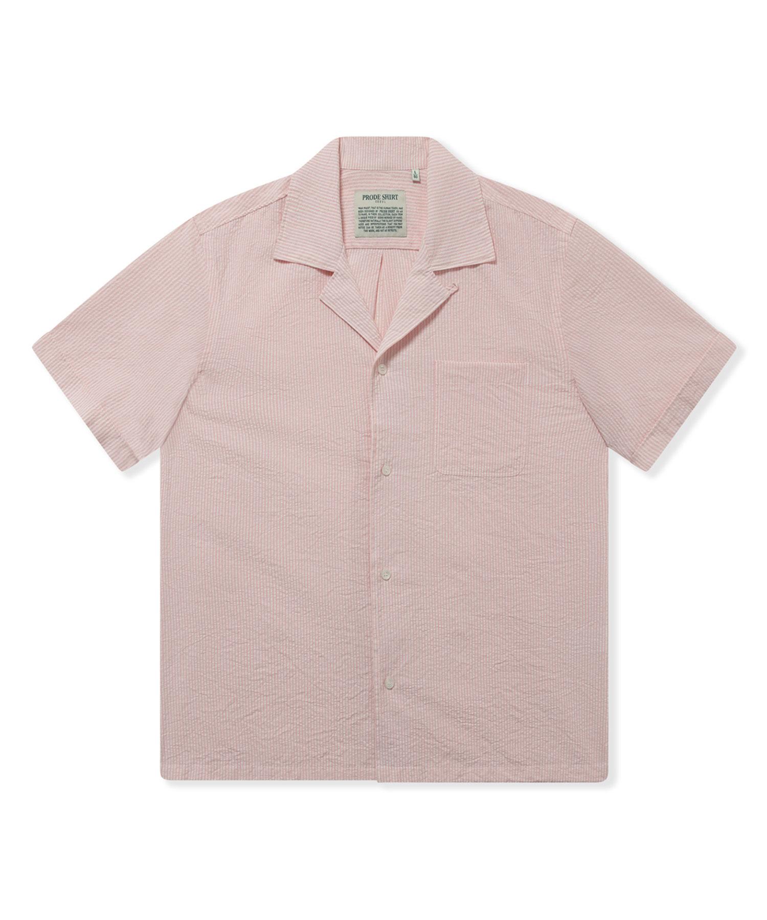 Prod Shirt [Comfort] Cuban Open Collar Capri Camp Shirt (Pink Stripe) Pink Stripe/M(48)