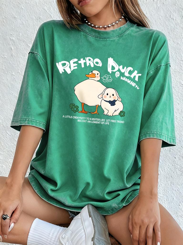 Retro Duck Rabbit Cotton Washed TShirts Womens Summer Oversized Tops Distressed ONeck Comfortable Tees Basic Womans Clothes
