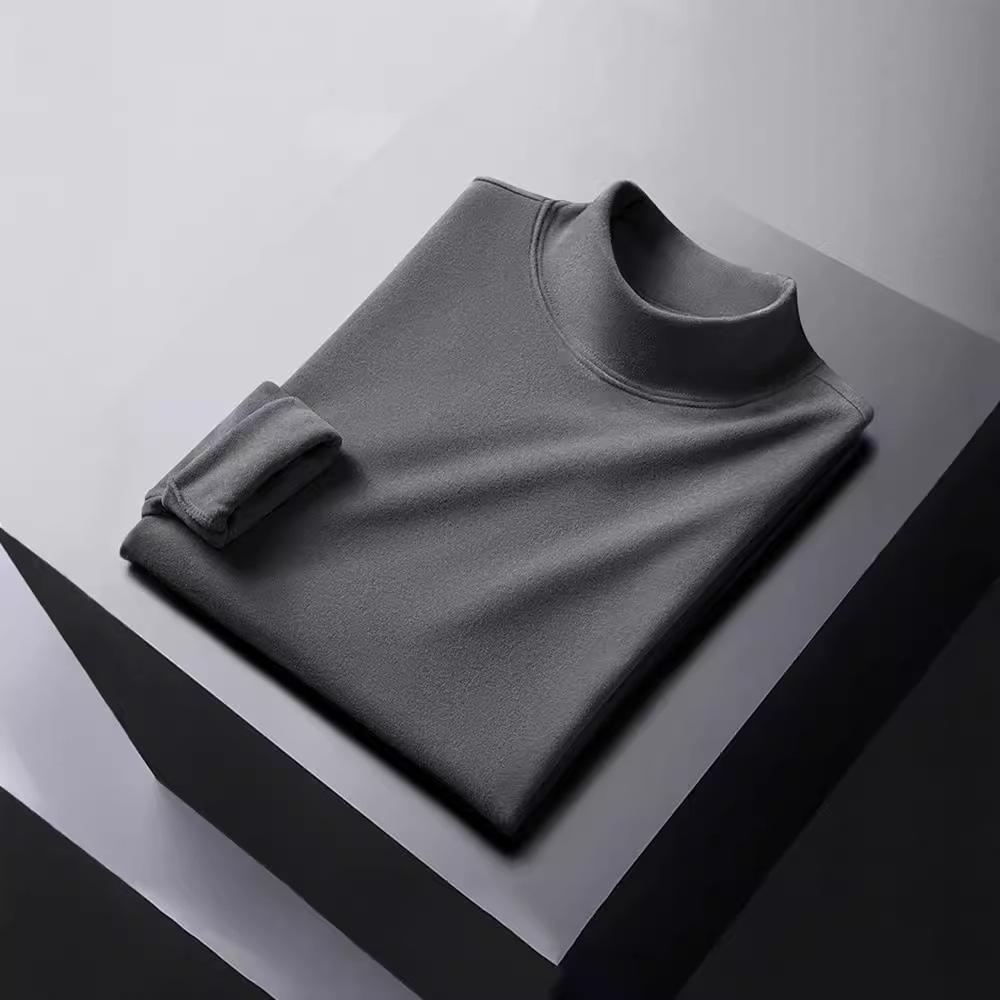 Men's Double-Sided Velvet Half-High Collar Long-Sleeve Black T-Shirt for Autumn and Winter