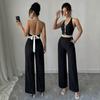 Women's Black White Trim Halter Backless Crop Top and Wide Leg Pants 2 Piece Set