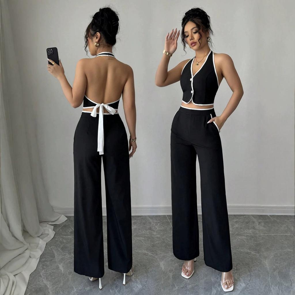 Women's Black White Trim Halter Backless Crop Top and Wide Leg Pants 2 Piece Set