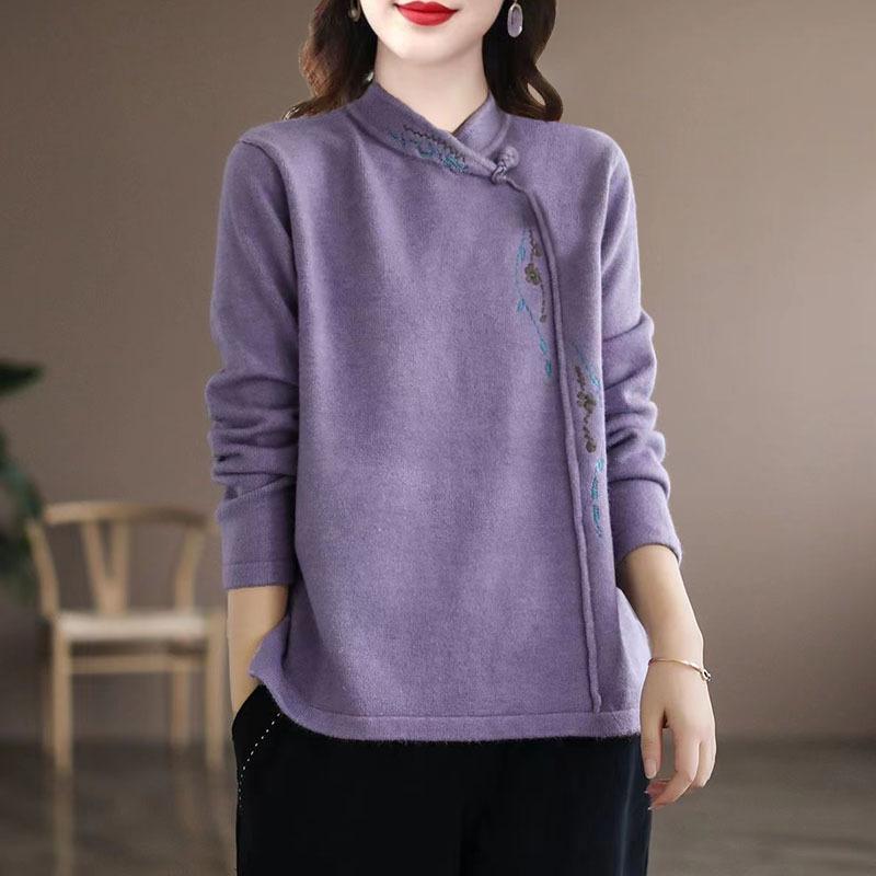 Frauen Vintage Chinesischen Ethnischen Stil Stickerei Elegante Dicke T Shirt Herbst Winter Mode Stehen Kragen Langarm Pullover Tops