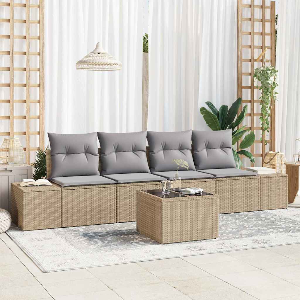 5 Piece Sofa Set with Cushions Beige and Light Grey Poly Rattan