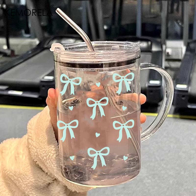 1PCS 1000ML Bow-Knot Glass with Lid and Straw Handle High Borosilicate Glass Glass Water Cup Coffee Cup Summer Winter Drinkware