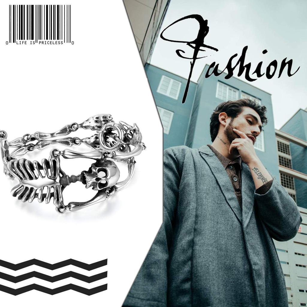 JewelryWe Men's Fashion Simple Gothic Skull Bracelet, Stainless Steel, Valentine's Day Gift, Black or Silver