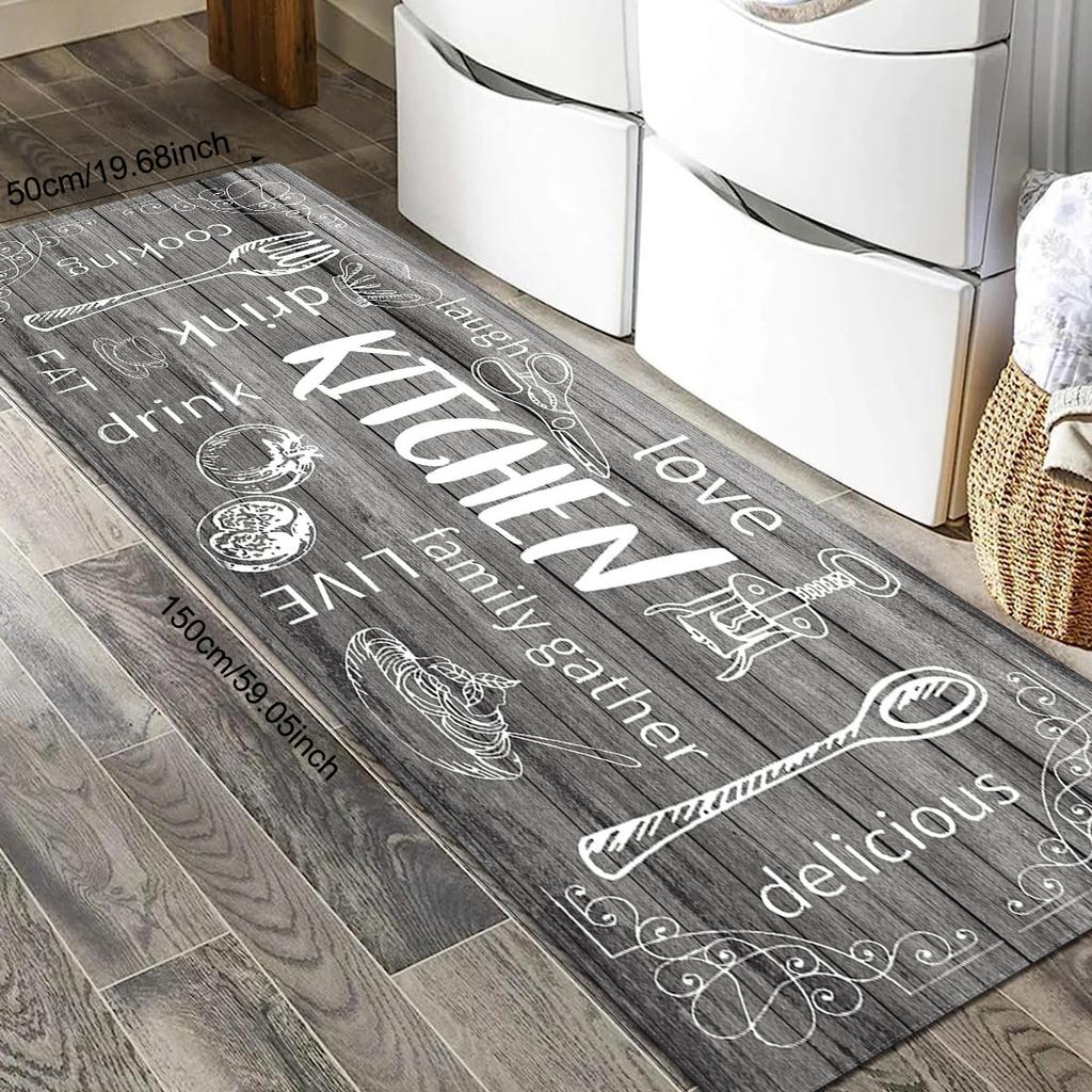 Retro Wood Grain Kitchen Slogan, Long Carpet, Anti-Slip And Washable Floor Mat, Kitchen, Laundry Room, Home Decoration