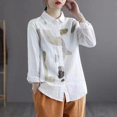 Spring Autumn White Top Double Layered Cotton Yarn Shirts Women Lapel Collar Long Sleeve Printed Blouses