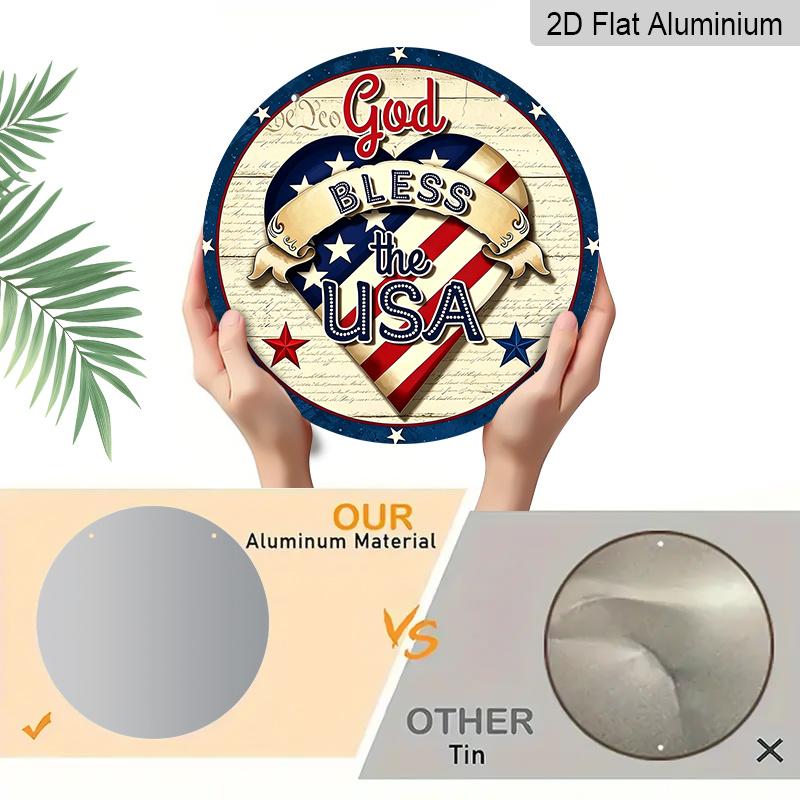 2D Flat Retro Round Aluminum Wall Hanging, Independence Day Heart Flag Design, Indoor Outdoor Wall Decor, Commemorative Gift for Home Bar Cafe
