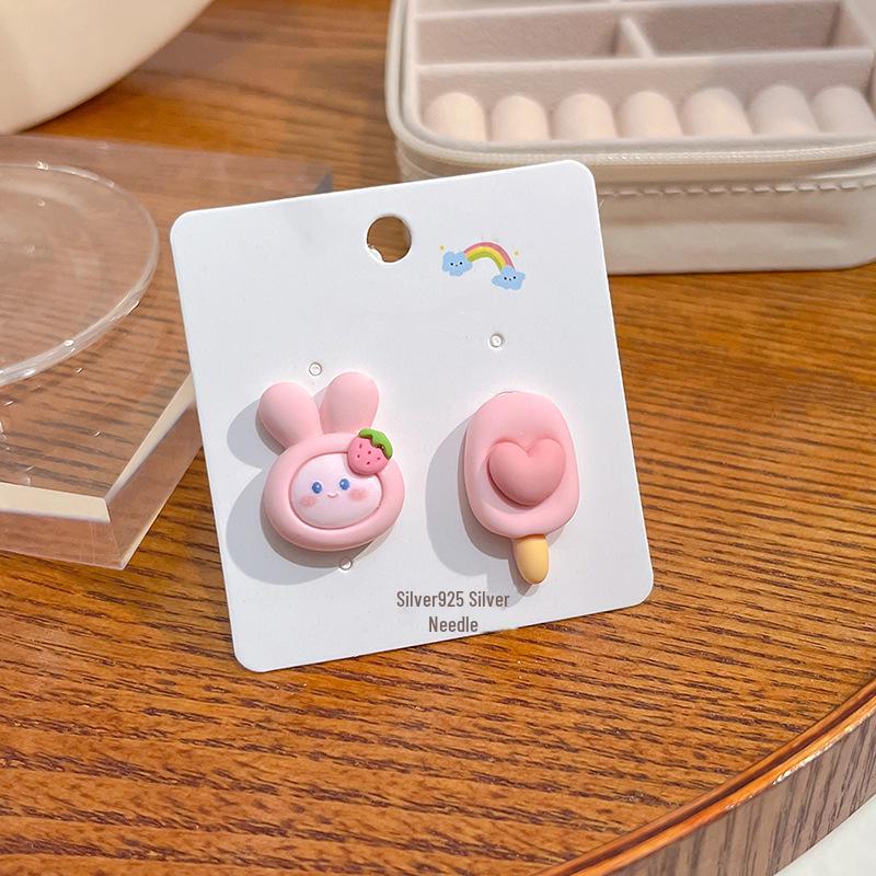 Japanese Kawaii Pastel Rabbit Bear & Strawberry Fruit Earrings with Silver Posts